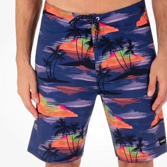 NWT Hurley Board Shorts Swim Phantom Quick Dry 4 Way Stretch Palm Tree Navy - Picture 11 of 11